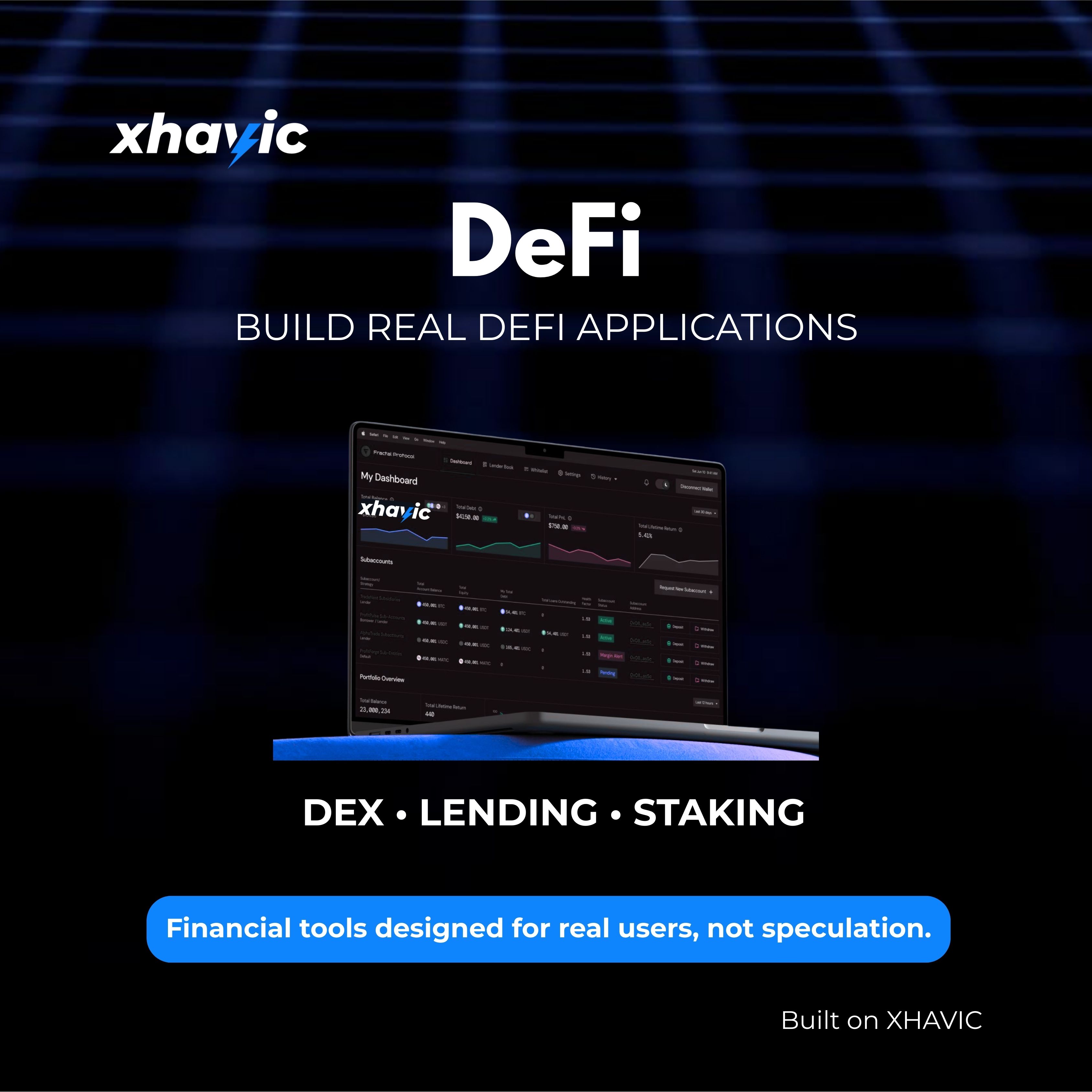 Xhavic DeFi dashboard showing DEX, lending, and staking interfaces built for real users