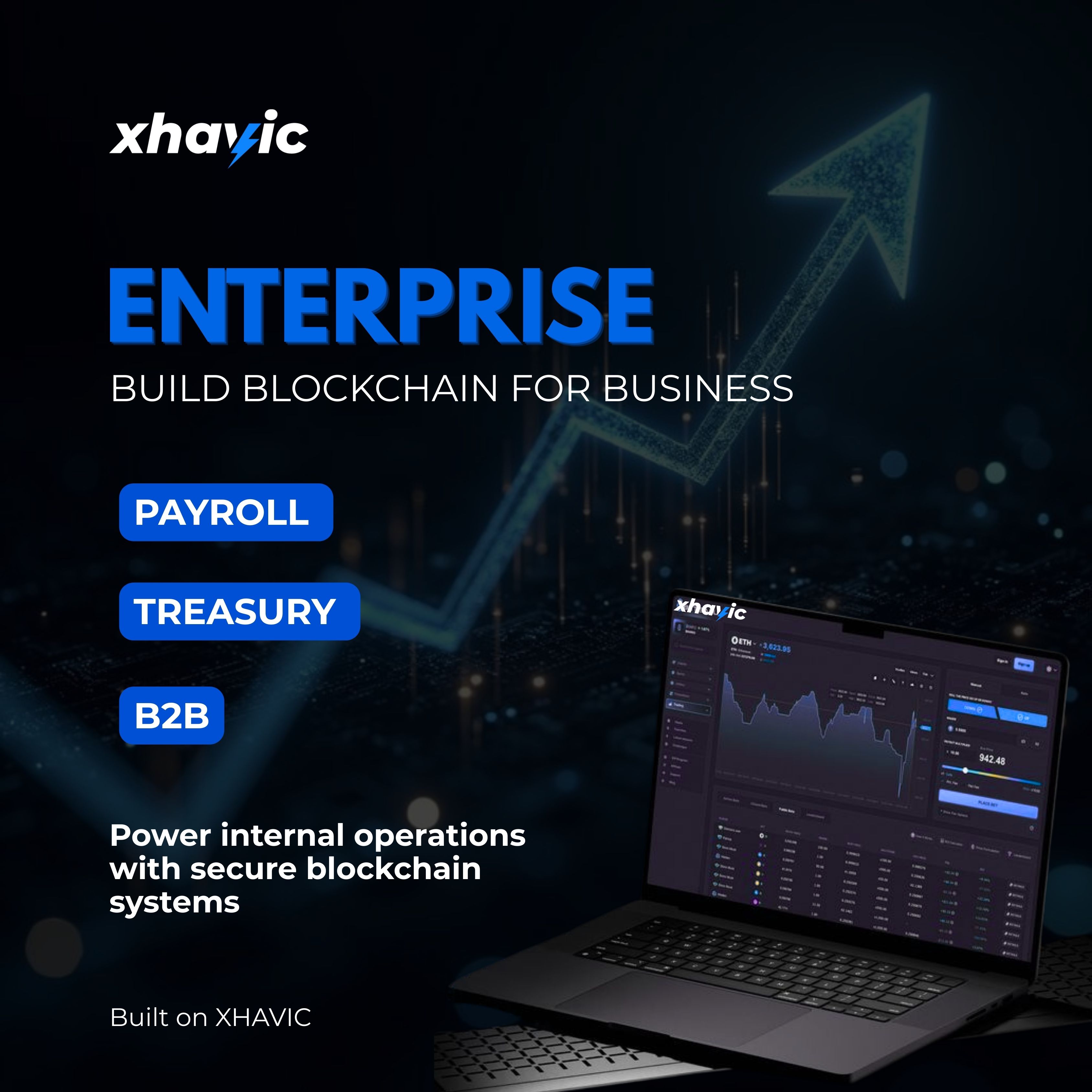 Xhavic Enterprise module — laptop displaying business dashboard with blockchain-powered treasury and operations