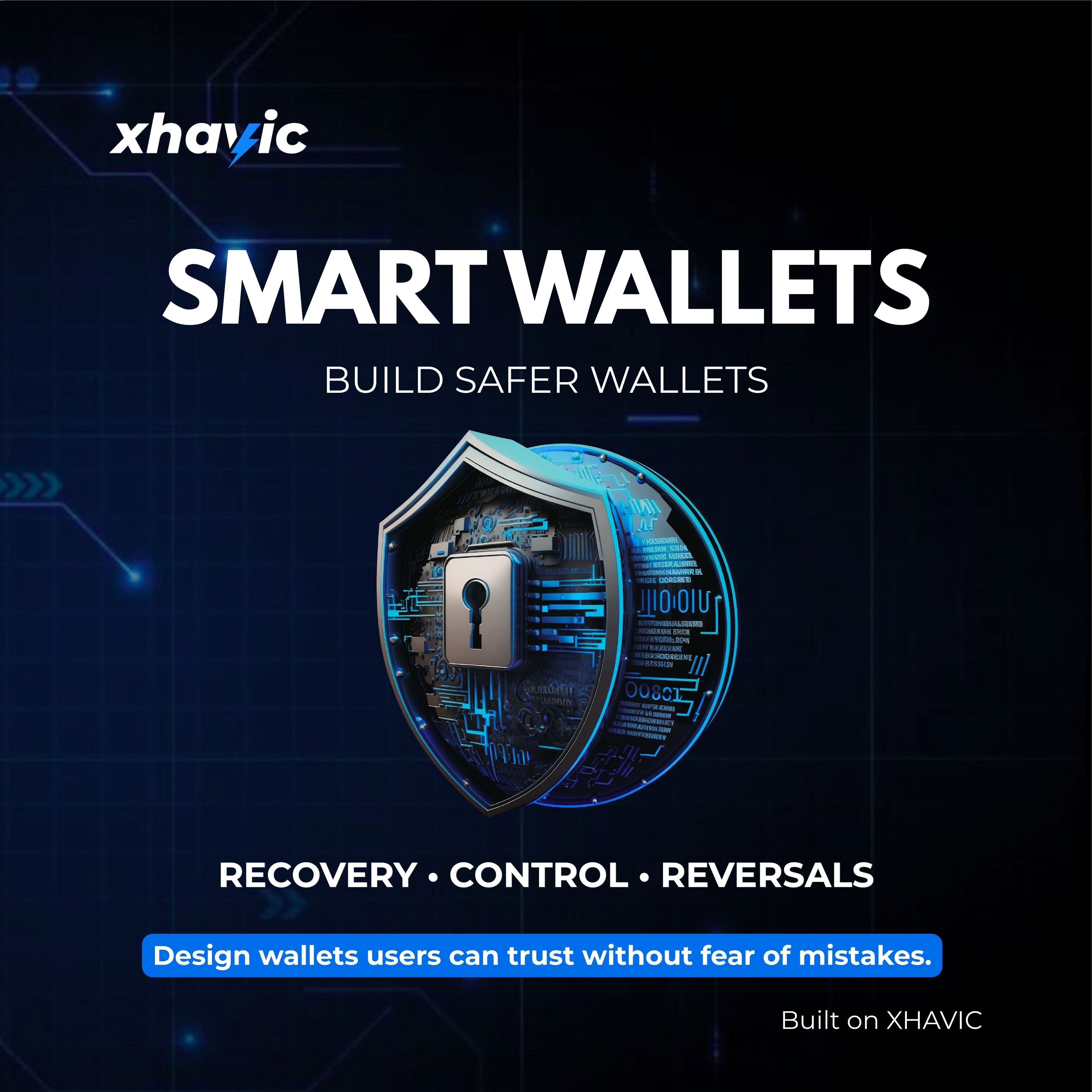 Xhavic Smart Wallets — shield with circuit patterns representing wallet security and recovery features